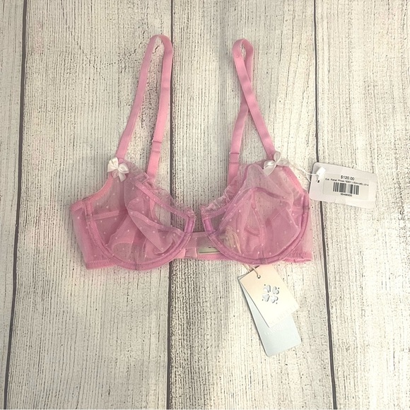 NWT SCARLETT GASQUE Women’s Pink Lace Sheer Polka Dot Bra Size 32B - Picture 3 of 9